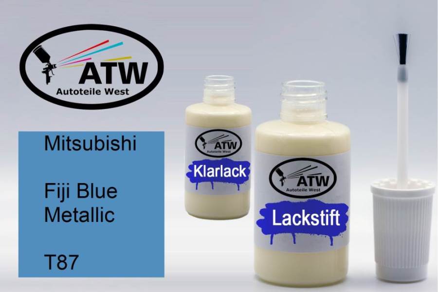 Mitsubishi, Fiji Blue Metallic, T87: 20ml Lackstift + 20ml Klarlack - Set, von ATW Autoteile West.